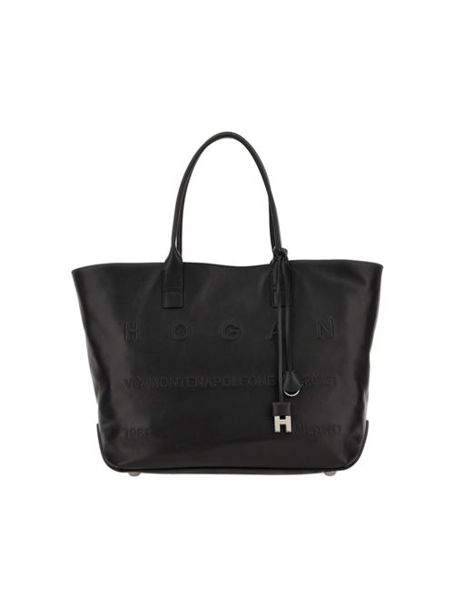 Borsa shopping da donna in pelle con l'indirizzo del brand in rilievo tono su tono, colore nero HOGAN | KBW01TA0300TZPB999